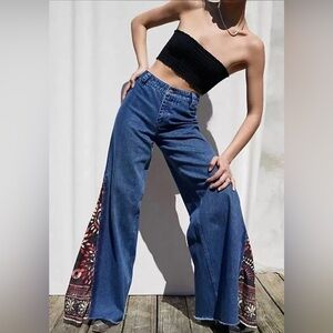 We The Free Blue Flare Jeans with Patterned Accents